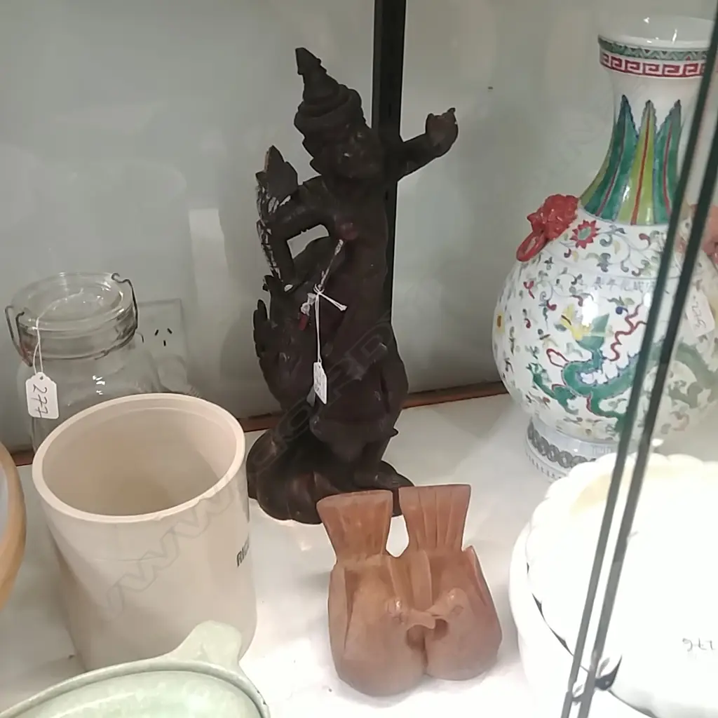 CARVED ORIENTAL FIGURE + WOODEN BIRDS Image 1++