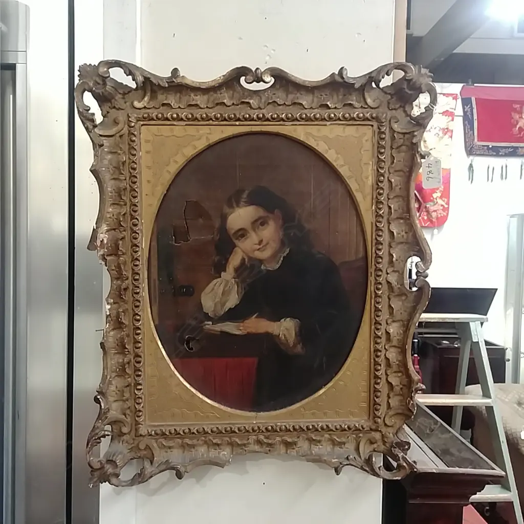 ANTIQUE OIL OF YOUNG GIRL IN GILT FRAME - AF Image 1++