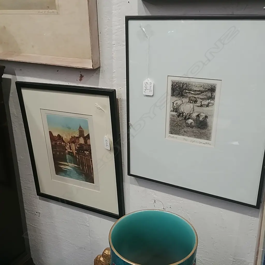 FRAMED ETCHING PASTURE 16/75 +A COLOURED ENGRAVING  Image 1++