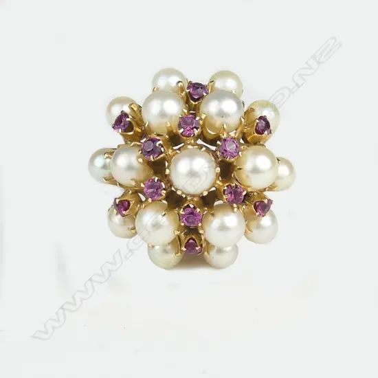 VINTAGE 14CT GOLD,PEARL & RUBY COCKTAIL RING