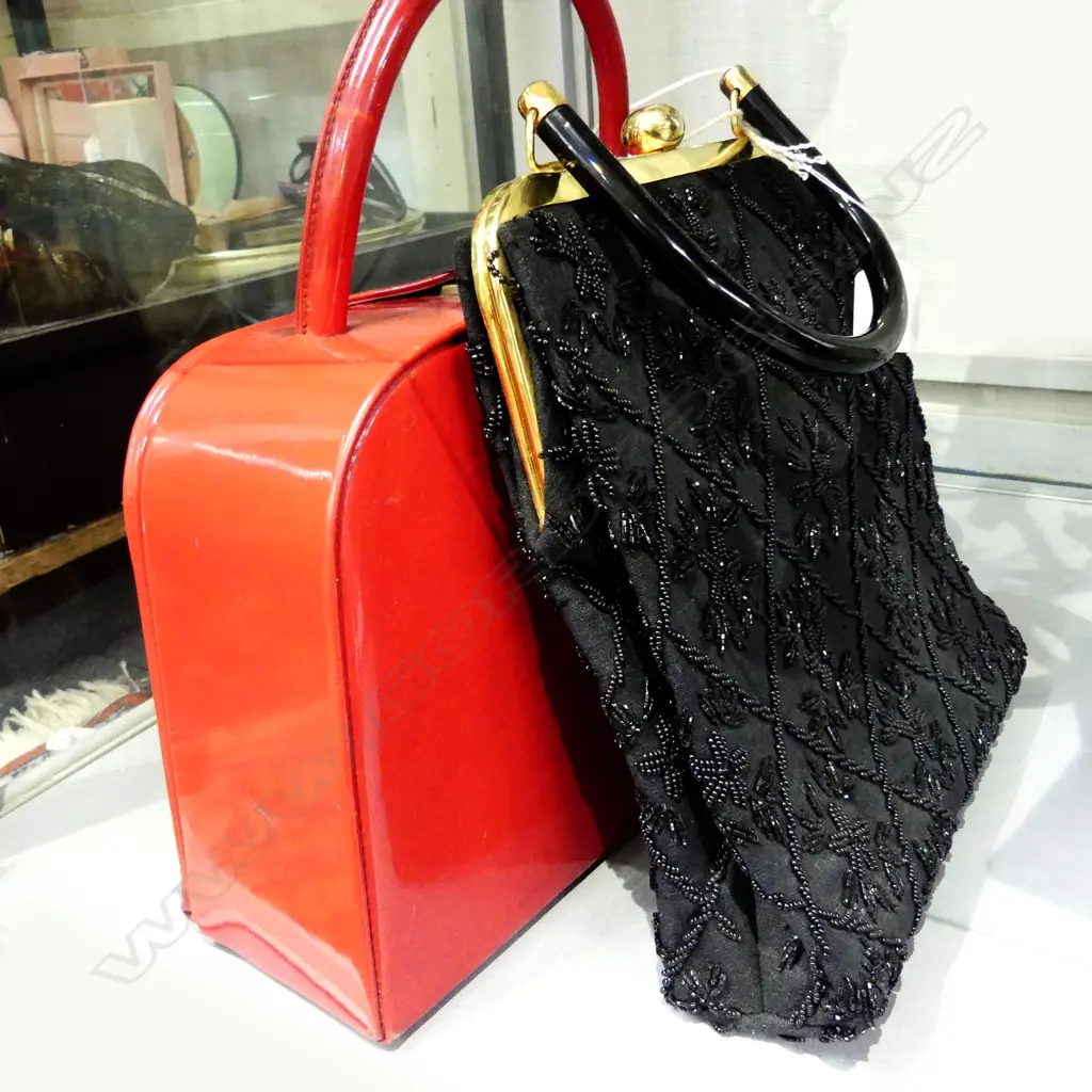 1960  RED PATENT BAG; BLACK BEADED EV. BAG Image 1++