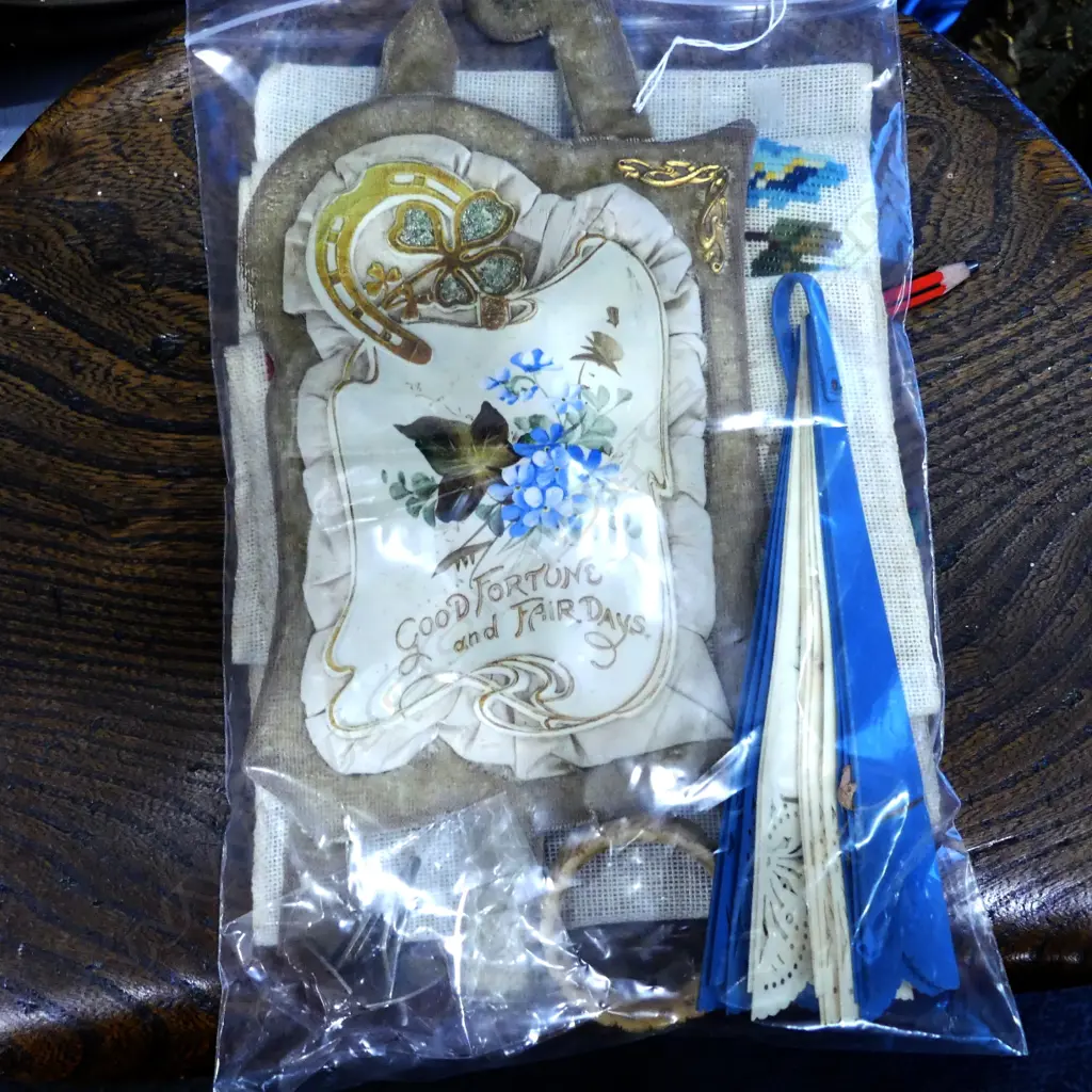 VINTAGE EMBROIDERY, CARD ON STAND, FAN, CUFFLINKS.. Image 1++