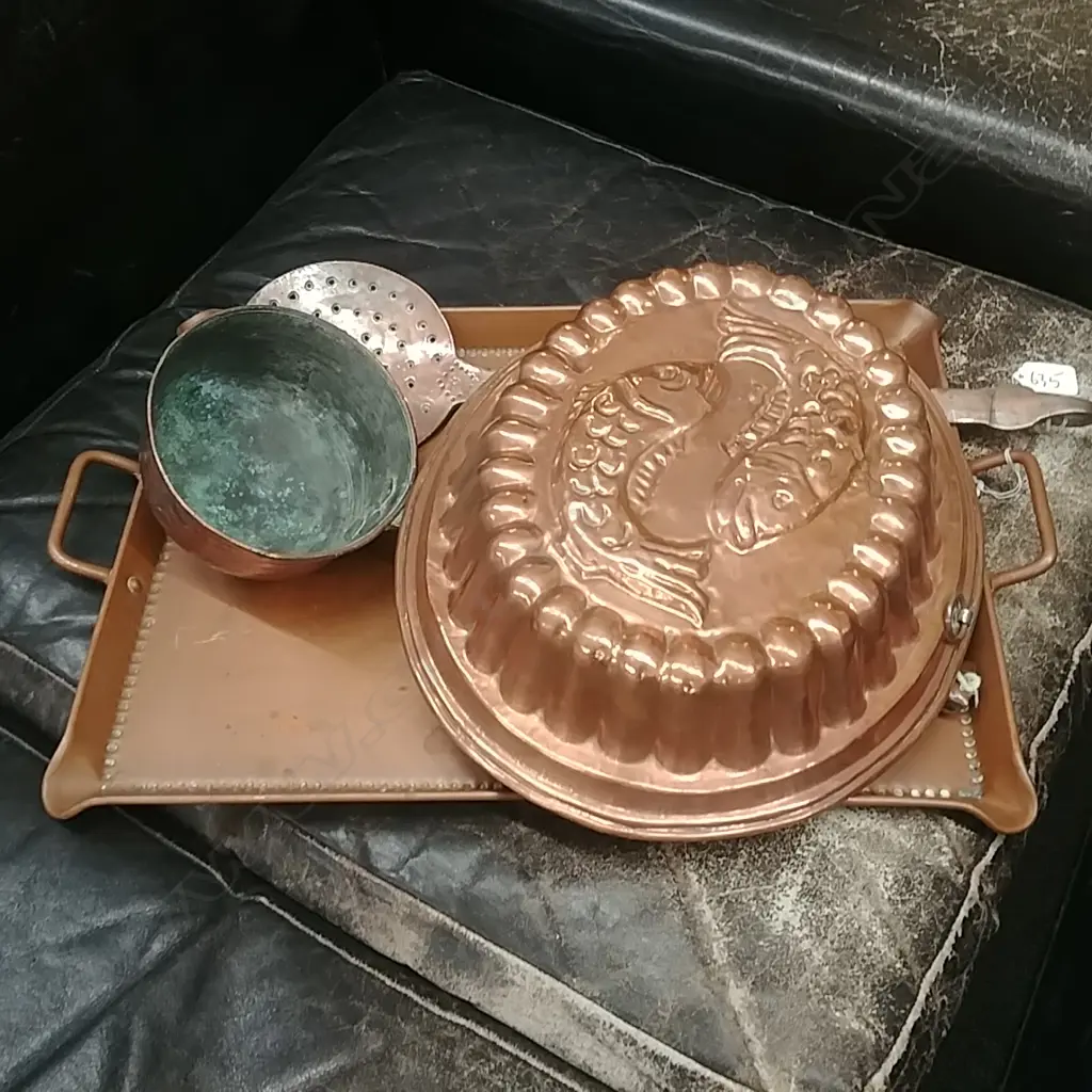 COPPER TRAY, JELLY MOULD, 3 LADLES Image 1++