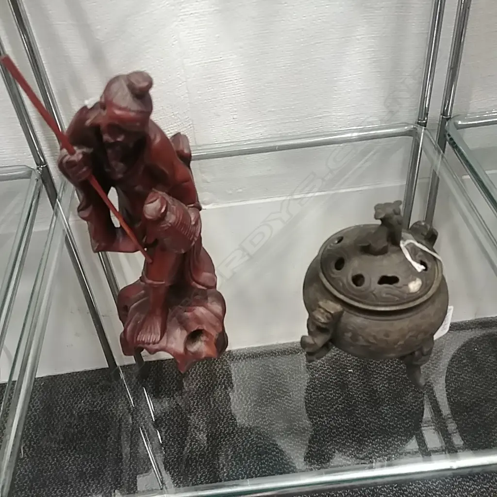 BRONZE CHINESE INCENSE BURNER & WOOD FIGURE Image 1++