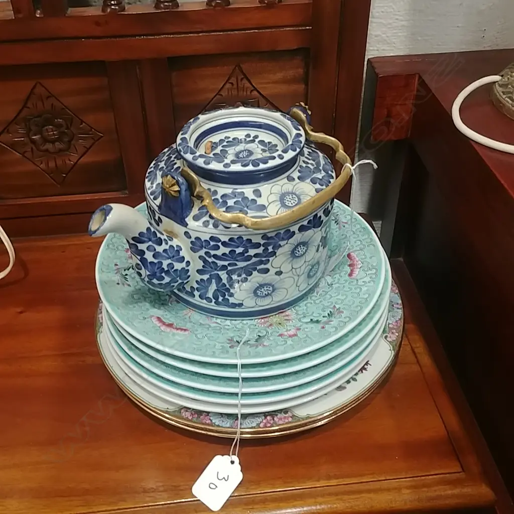 STACK OF CHINESE STYLE PLATES + TEAPOT  Image 1++