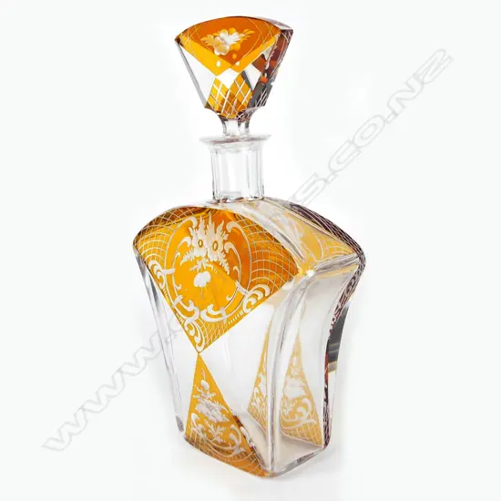 An overlay glass decanter