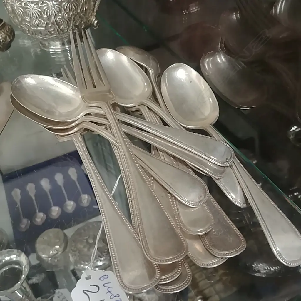 14 STG SILVER BEAD SPOONS+FORKS B 1863 Image 1++