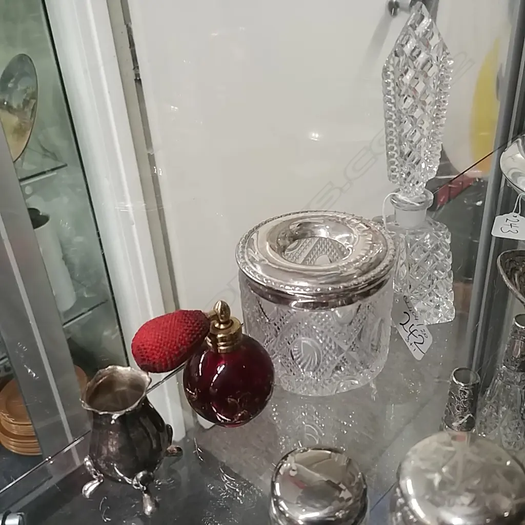 3 GLASS PERFUME BOTTLES & HAIR TIDY Image 1++