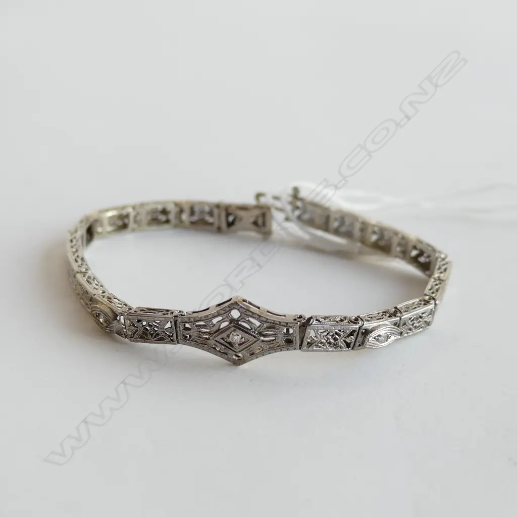 TESTING AS 14CT W.G.  & DIAMOND ART DECO BRACELET L.170mm Image 1++
