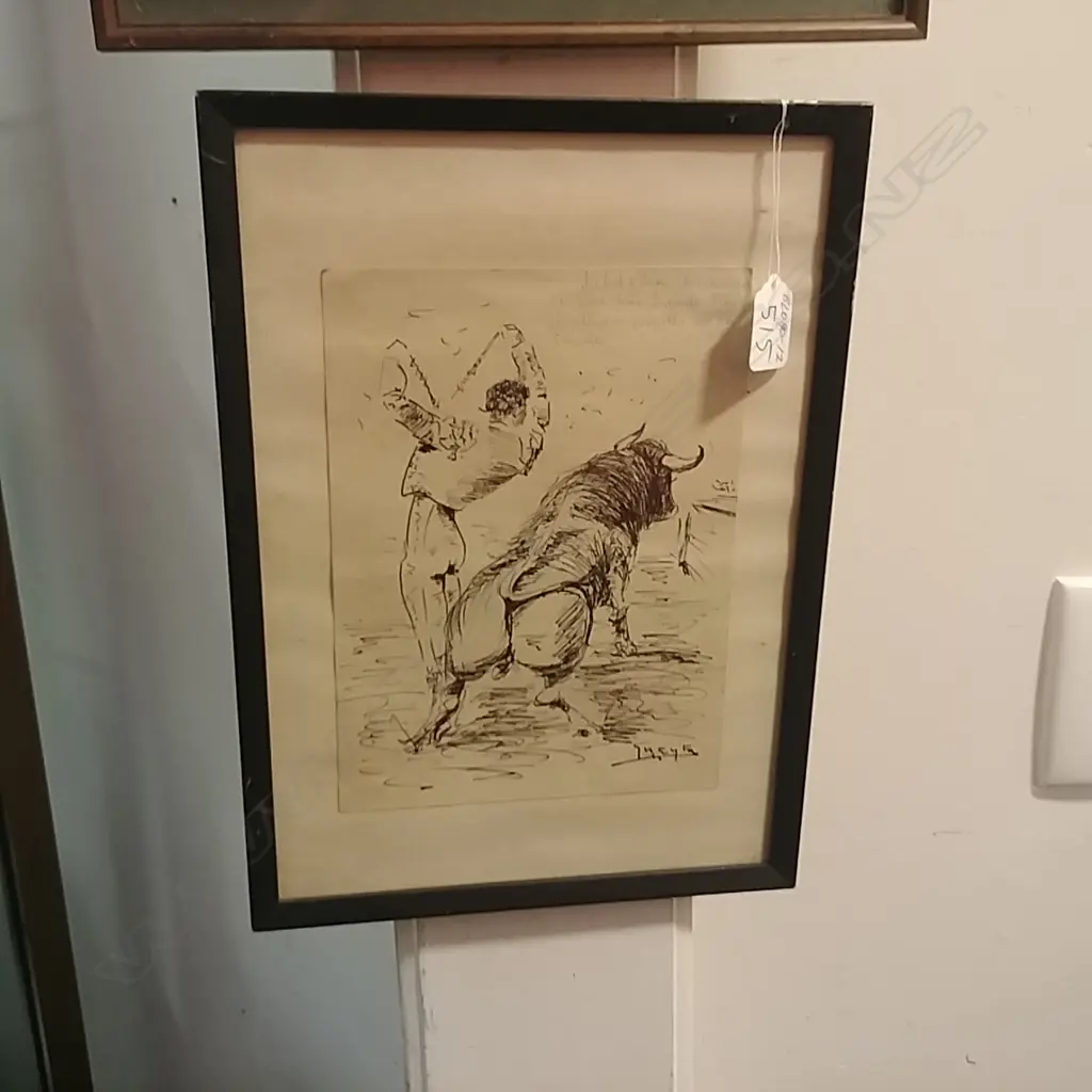 VINTAGE BULL FIGHTING INK SKETCH Image 1++