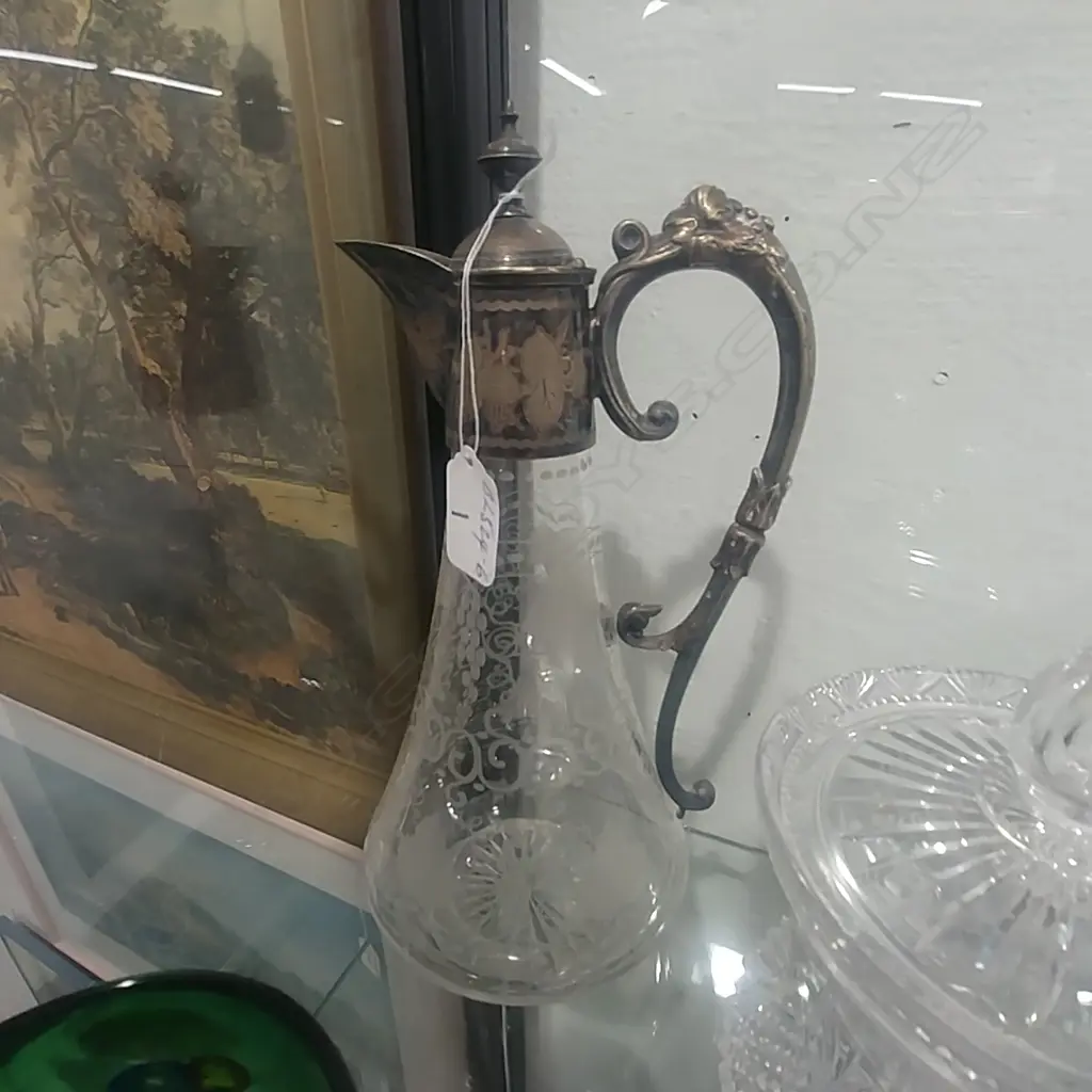 LATE 19THC S/PLATE CLARET JUG ENGRAVED. A.F Image 1++