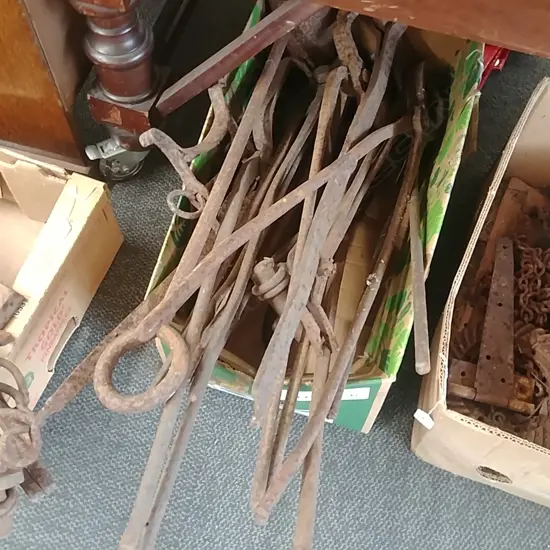 BOX LOT FORGE TONGS ETC