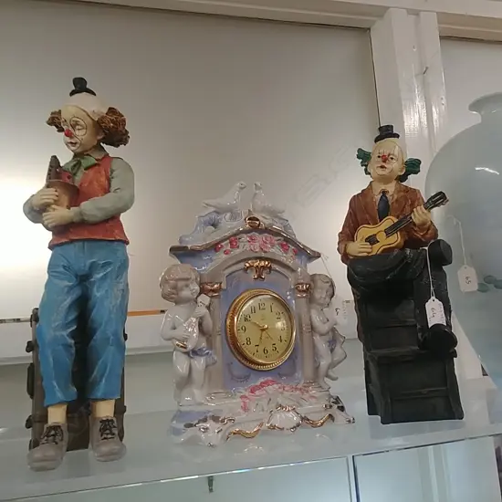 2 CLOWN ORNS & CHINA CLOCK