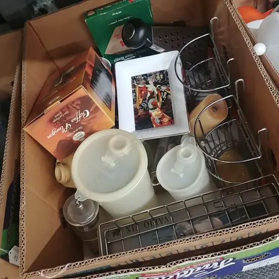 BOX OF KITCHENALIA - WMF, S/STEEL COOKWARE ETC