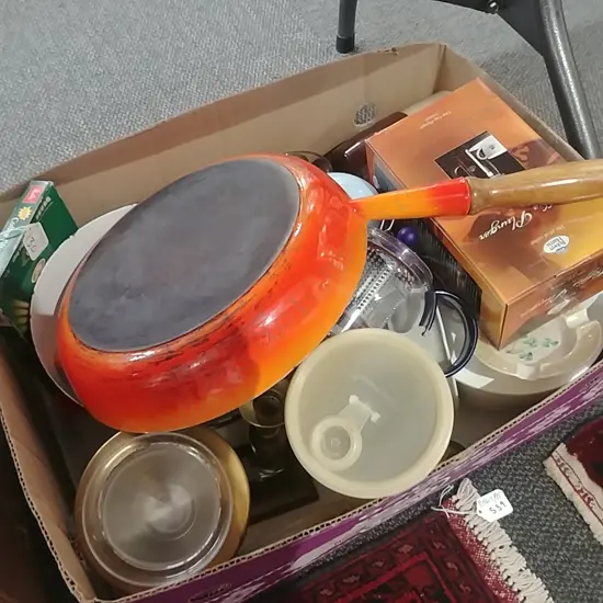 BOX OF KITCHENALIA  - CAST IRON FRY PAN, BODUM ETC