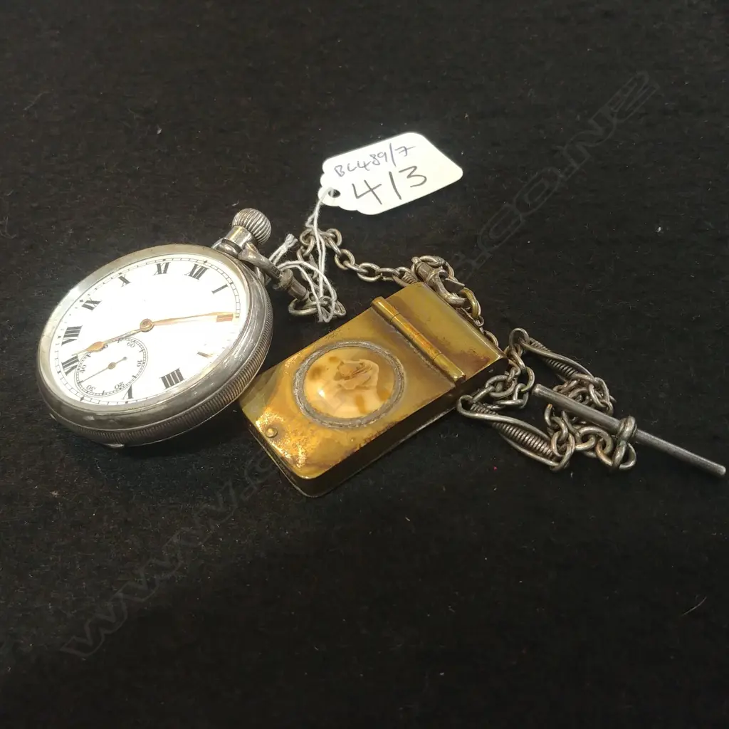 STG SILVER POCKET WATCH CHAIN WITH BRASS VESTA Image 1++