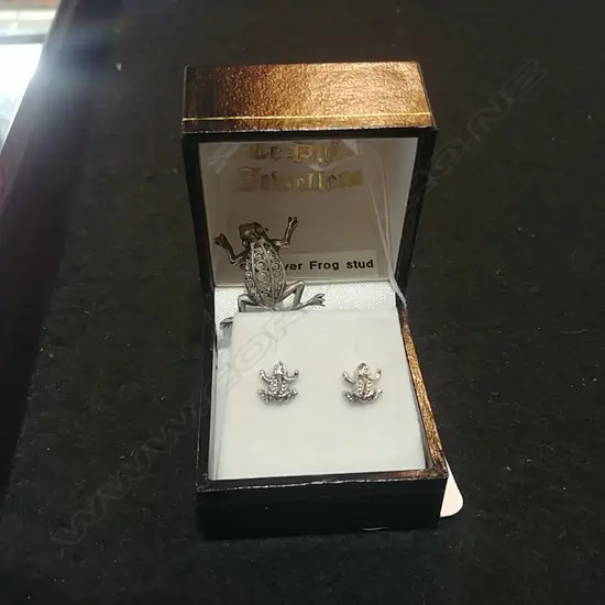 SILVER FROG BROOCH AND EARRINGS