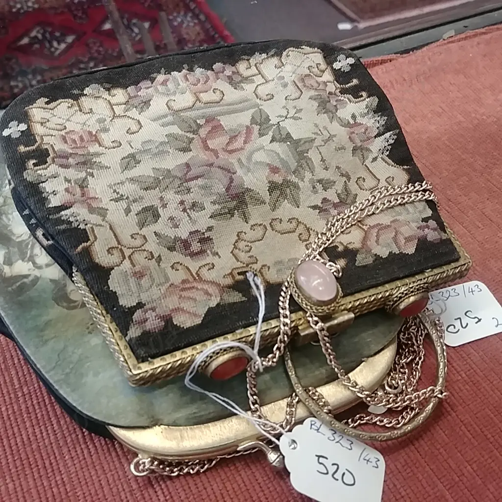 2 VINTAGE PURSES; SILK PICTURE LADIES + FLORAL Image 1++