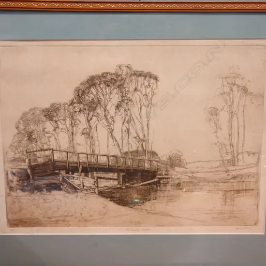 ETCHING BY  SYDNEY LONG " BRIDGE AT AVOCA" AUSTRALIA