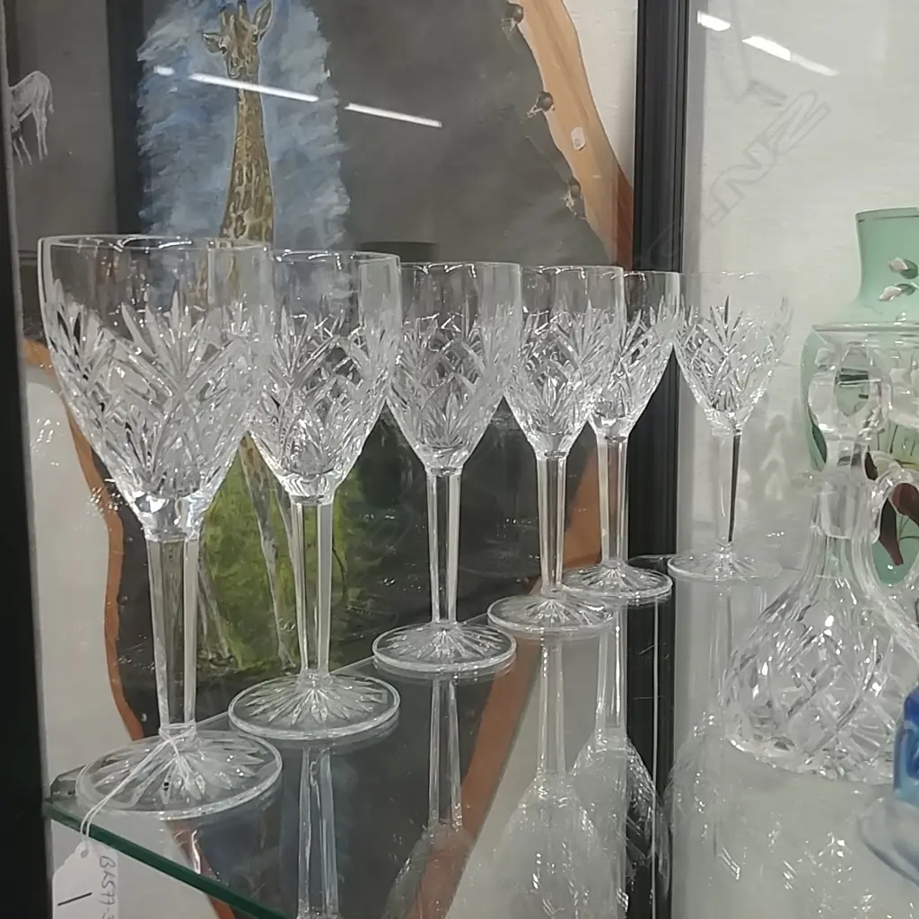 SET 6 WATERFORD CUT CRYSTAL WINE GLASSES FACET STEMS Image 1++