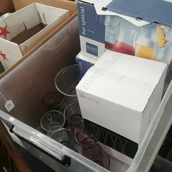 BOX OF GLASSES VASES ETC
