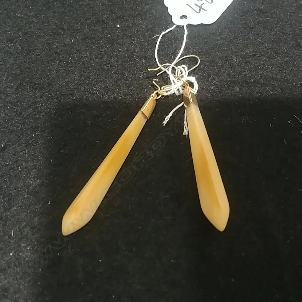 PR VINTAGE 9CT MOUNTED BONE LONG EARRINGS Image 1++