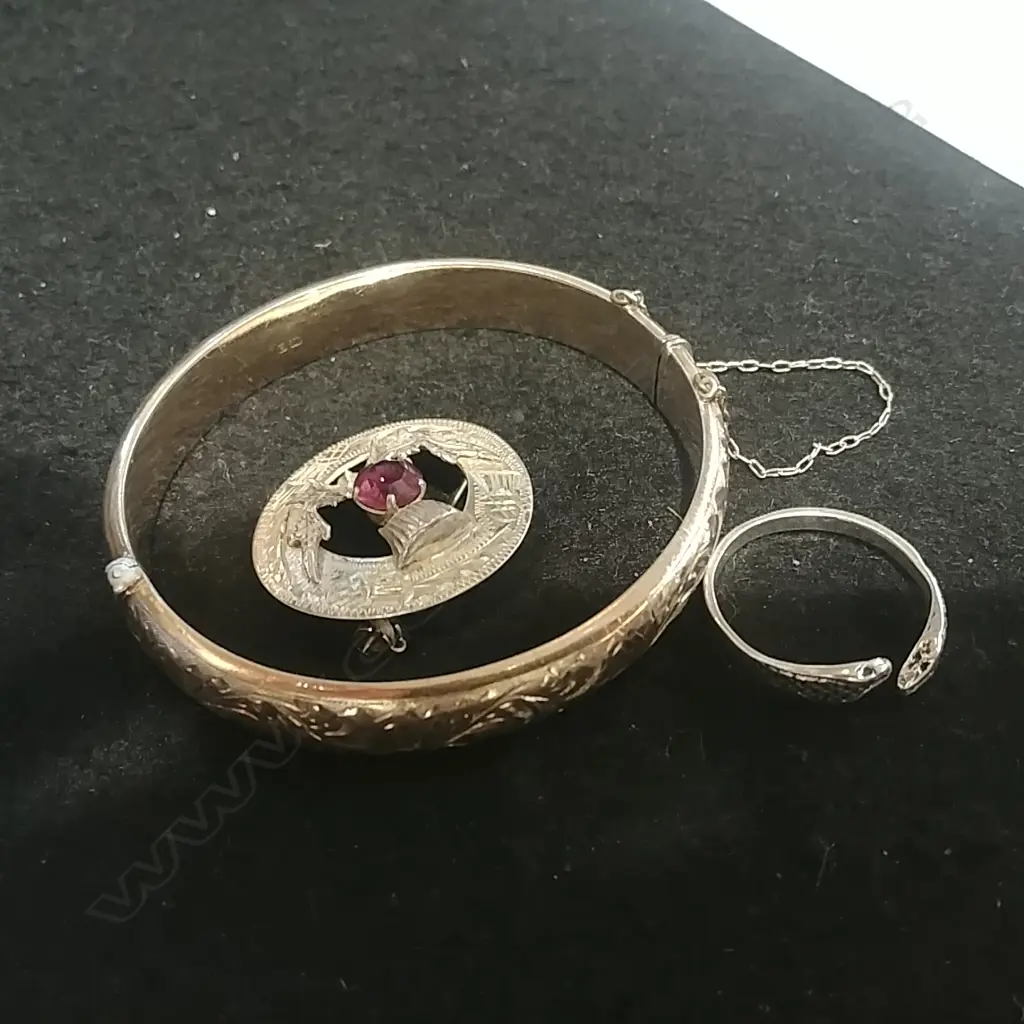 SILVER BANGLE, SCOTTISH BROOCH & SNAKE RING Image 1++