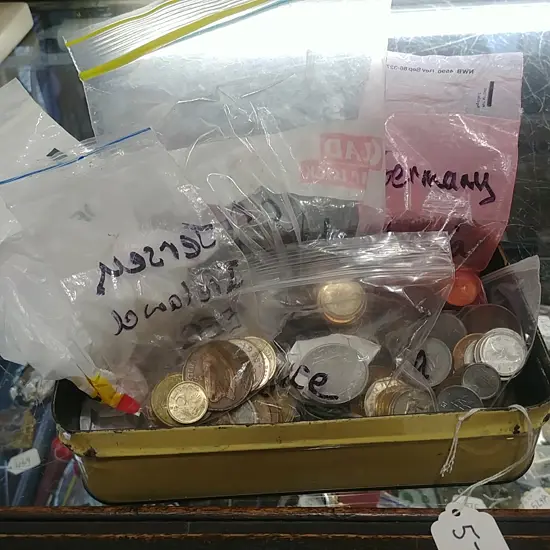 TIN OF OLD WORLD COINS