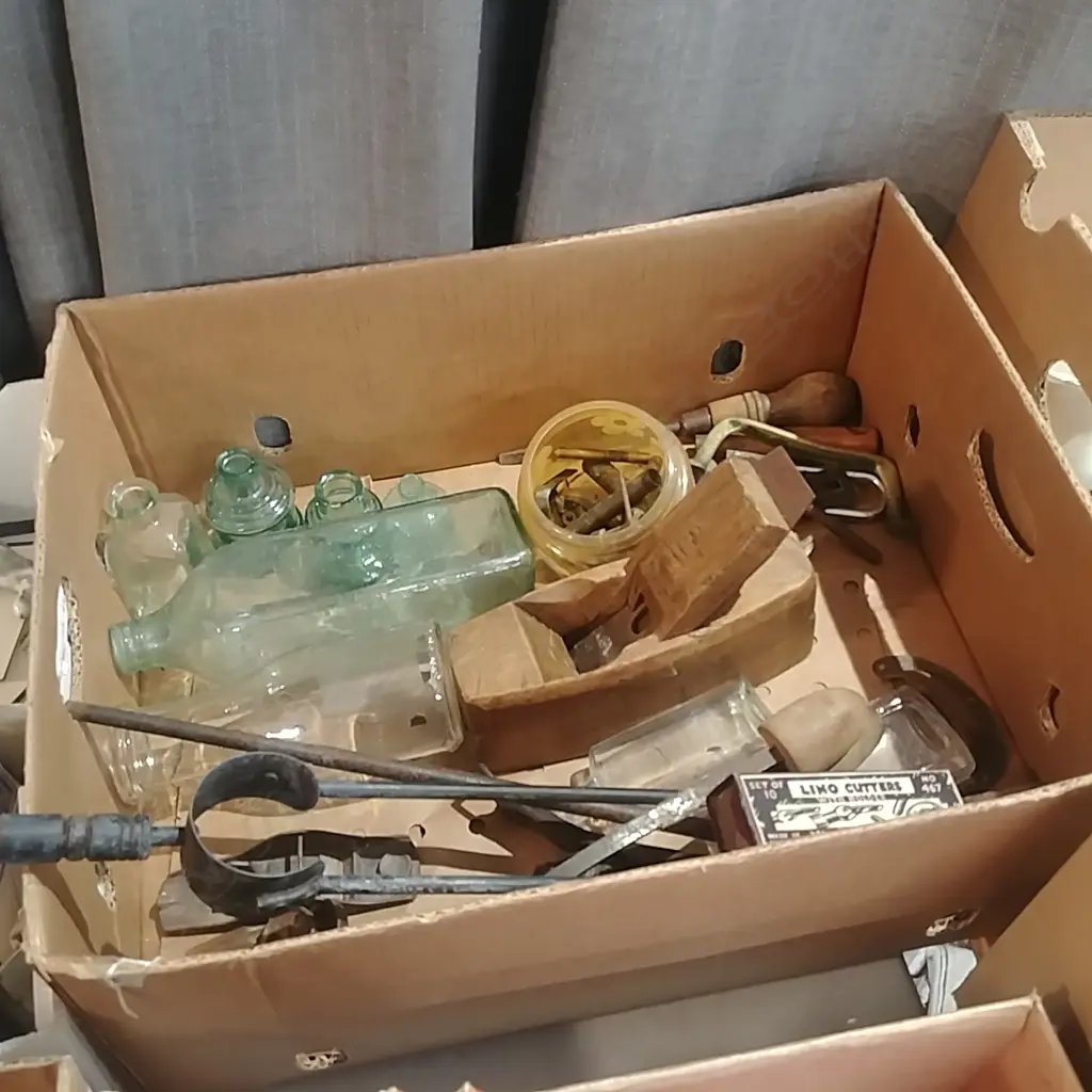 BOX LOT BOTTLES TOOLS ETC Image 1++