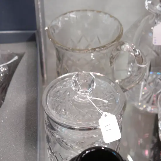 CRYSTAL JUG; CRYSTAL BISCUIT BARREL