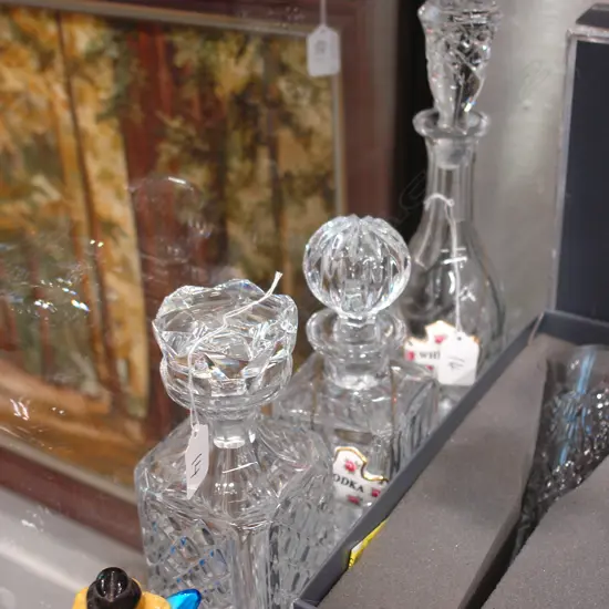 3X CRYSTAL DECANTERS; 2 CHINA NAME LABELS