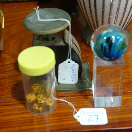 3 MISC .SCALE, DICES & BALL SCULPTURE