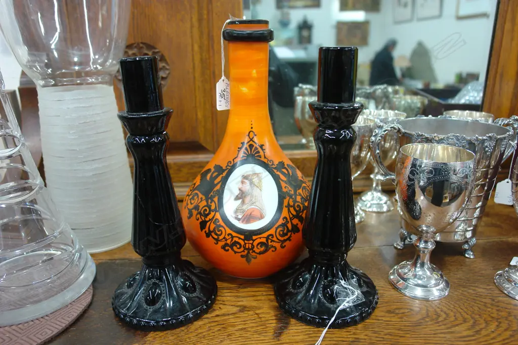 PR GLASS CANDLESTICK  & MILK GLASS VASE Image 1++
