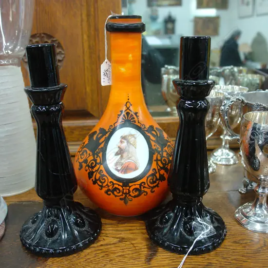 PR GLASS CANDLESTICK  & MILK GLASS VASE