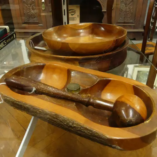 3 PCS WOODEN  BOWLS & SML MALLET