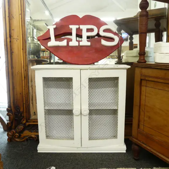 WHITE PAINTED SMALL CUPBOARD + LIPS WALL HANGING