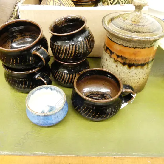 POTTERY LIDDED JAR + 5 MUGS + 1 OTHER