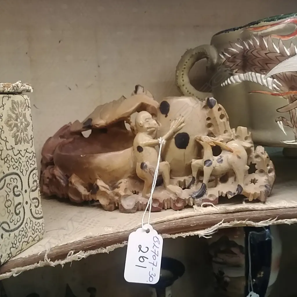 OLD CHINESE SOAPSTONE CARVING, BATS, MONKEY, DEER Image 1++