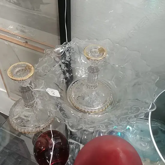 PR VENETIAN GLASS CANDLESTICKS & LG BOWL