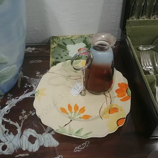 CAKE PLATE + CERAMIC TILE + SILVER TOPPED VASE