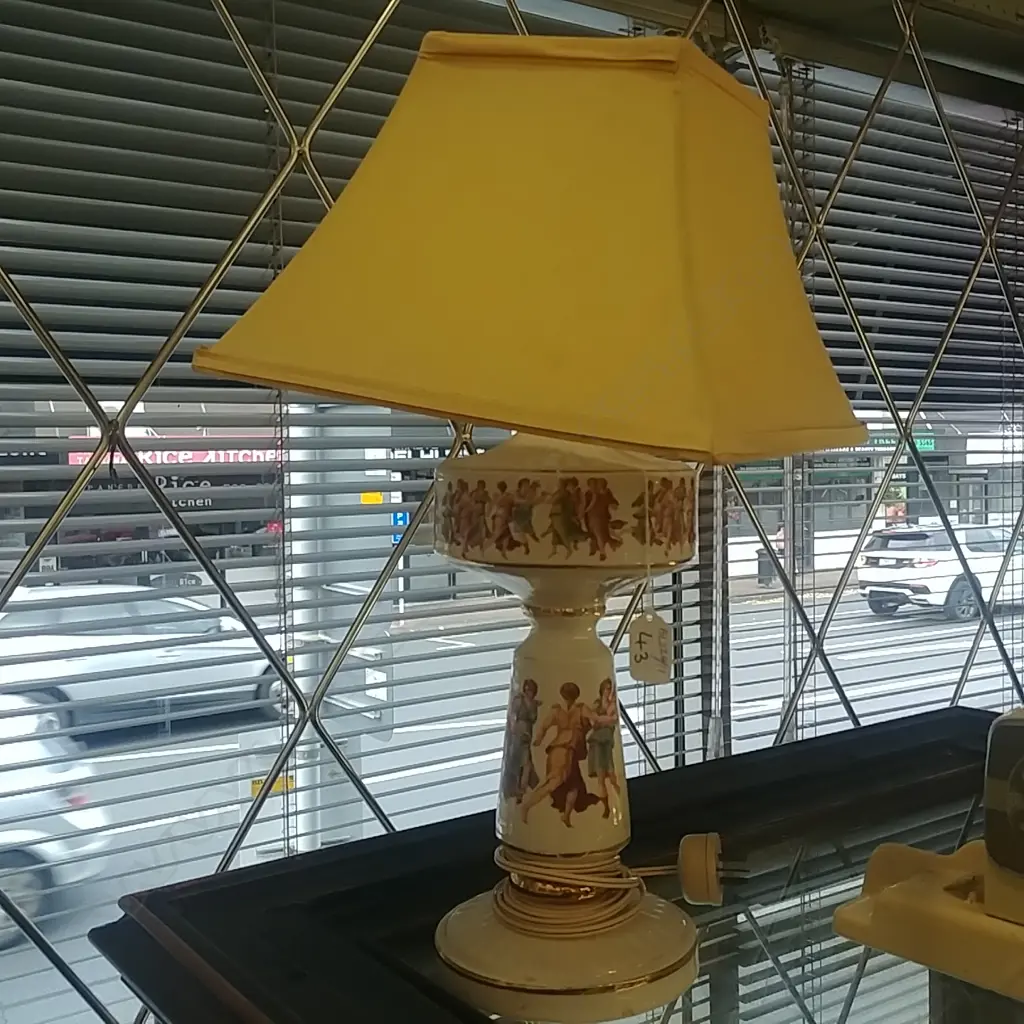 CHINA TABLE LAMP W/ GREEK FIGURE , SILK SHADE  Image 1++