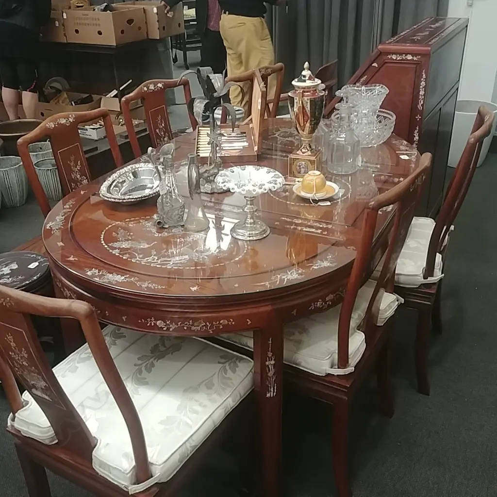 MOP INLAID ROSEWOOD TABLE AND SET 6  CHAIRS Image 1++