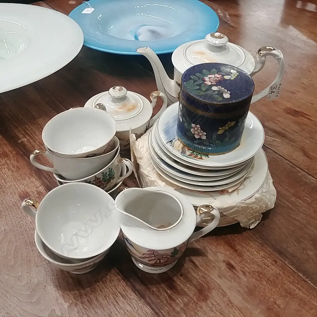 CHINESE TEASET + CLOISONNE LIDDED POT Image 1++