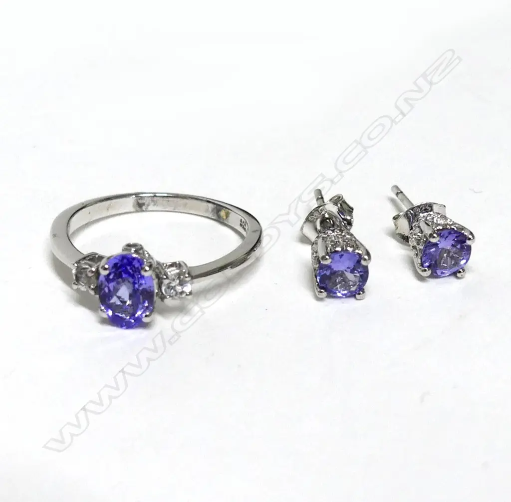 TANZANITE SILVER RHODIUM PLATED RING  SIZE M & EARRING SET Image 1++