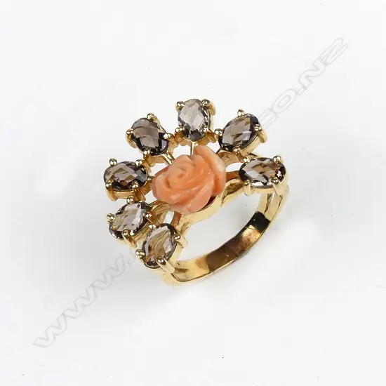 A retro 14ct gold coral and smoky quartz ring