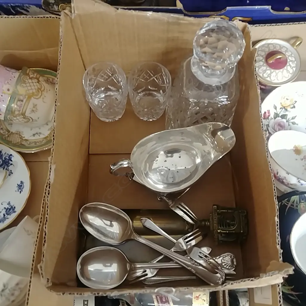 LOT CRYSTAL DECANTER/GLASSES/EP JUG/6 FORKS/3 SERVING SPOONS/CRUMB TRAY Image 1++