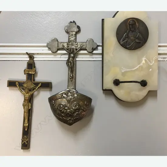 2 HOLY WATER FONTS & 1 CRUCIFIX