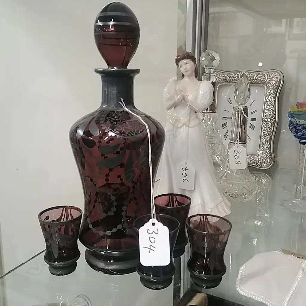 SILVER OVERLAY DECANTER & GLASSES Image 1++