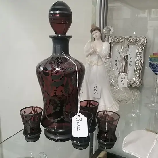 SILVER OVERLAY DECANTER & GLASSES