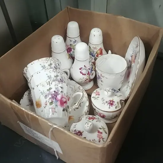 BOX OF CROWN DERBY; HAMMERSLEY ITEMS